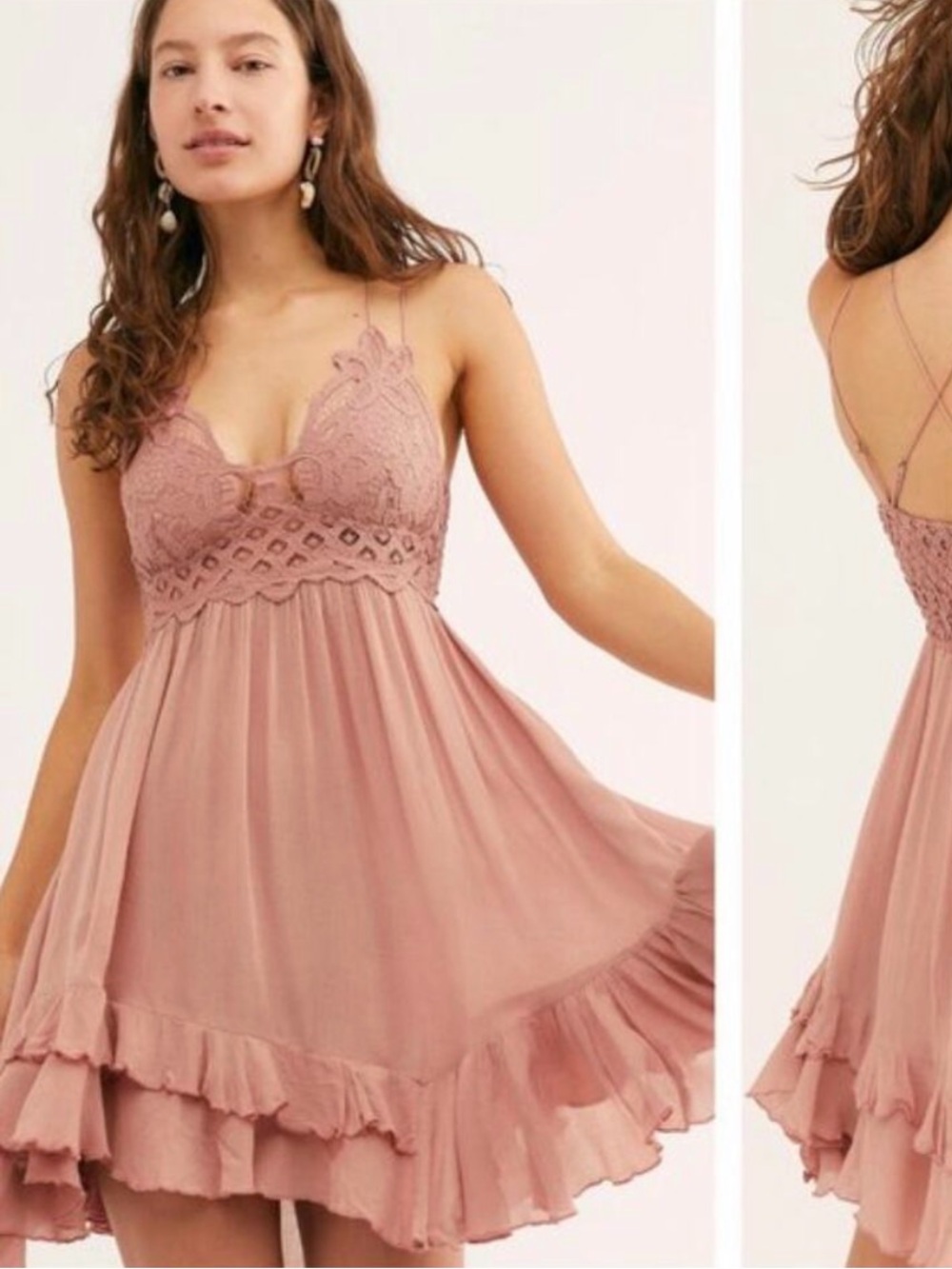 Free People Adella Slip Mini Dress with Lace Crochet Top in Dusty Rose